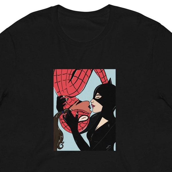 Spider-Man Cat Woman Gay T-Shirt, Queer, LGBTQ, Comic, Kiss, Pride, Clothing, Superhero, Artist, Art, Digital