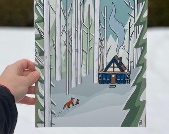 Fox Cottage Winter Print, Snow, Warm, Cold, Digital Art, Artwork, Digital, Snow, Canada