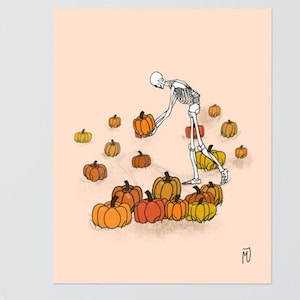 May include: A skeleton wearing a white shirt and black pants is picking up a pumpkin from a field of pumpkins. The pumpkins are various shades of orange and yellow.