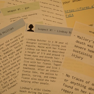 Op de afbeelding: Close-up van een document met de tekst "Suspect #2 - David Phillips" en een beschrijving van David Phillips, een 43-jarige ex-gedetineerde die in Lewiston, Maine woont. Het document bevat ook de tekst "weapon #1 - gun" en "potentially lethal depending on poi-pact".