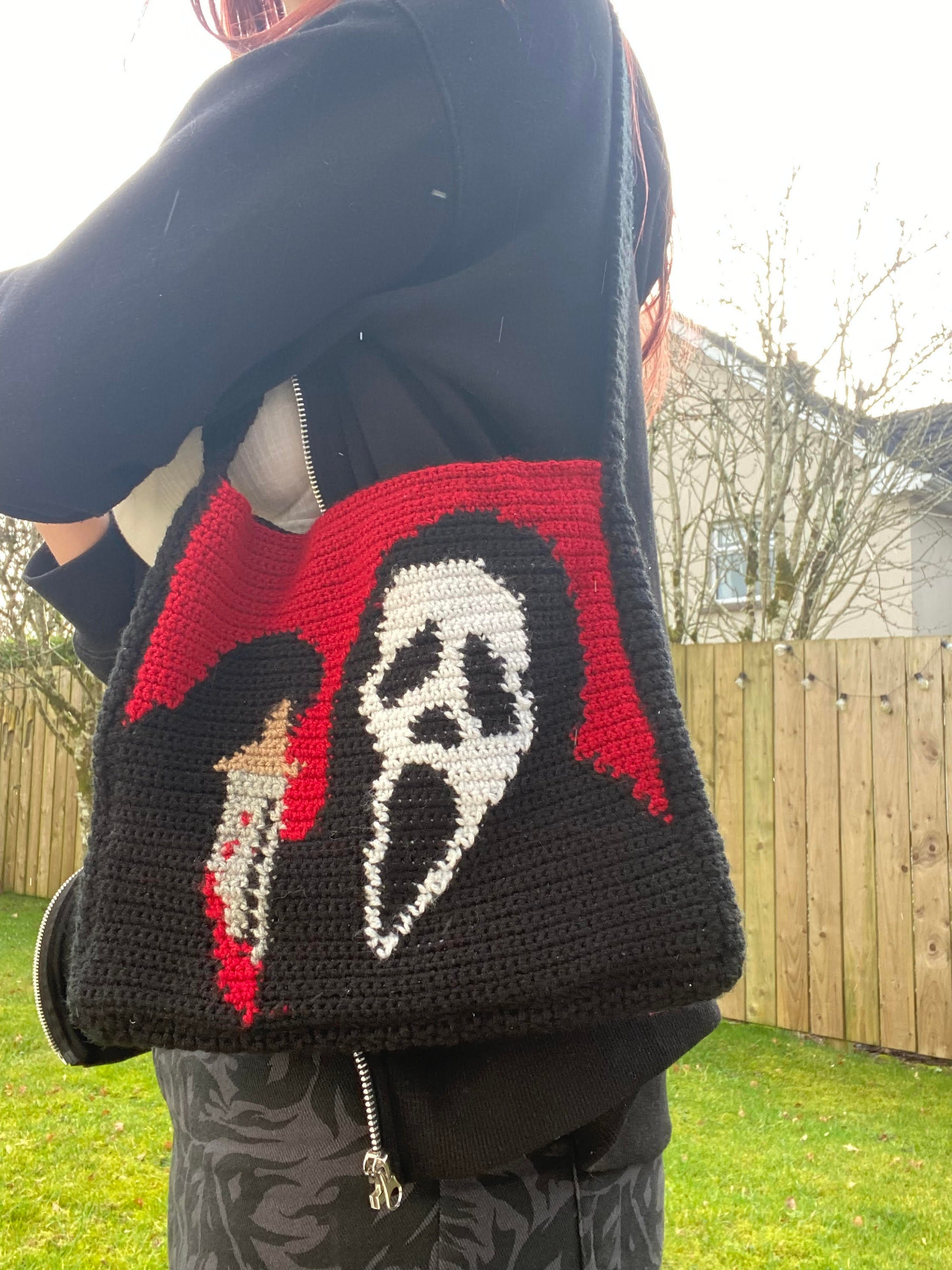 Dark Skull Graphic Crochet Bag, Halloween Theme Knitted Tote Bag, Vintage  Gothic Ghost Shoulder Bag - Temu Germany