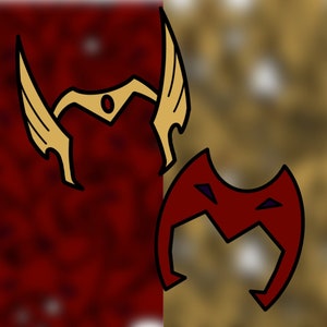 Op de afbeelding: Twee gestileerde maskers, een gouden met een rode achtergrond en een rode met een gouden achtergrond. Het gouden masker heeft een puntige kroon en vleugels. Het rode masker heeft een puntige kin en twee ogen.