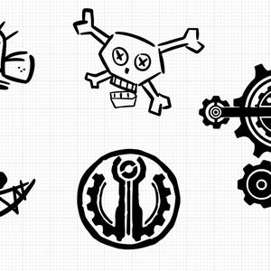 May include: Five black and white illustrations of different designs. The first is a cartoon face with a wide mouth and sharp teeth. The second is a skull and crossbones. The third is a gear with a smaller gear attached to it. The fourth is a smiling face with two eyes. The fifth is a circle with a gear design inside.