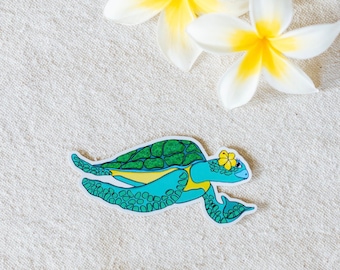Hibiscus Honu Sticker, Glitter Sea Turtle, Waterproof Vinyl