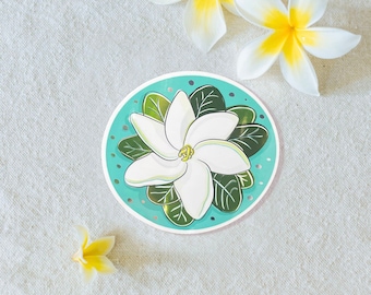 Gardenia Flower Sticker, Waterproof Vinyl with Shiny Bits