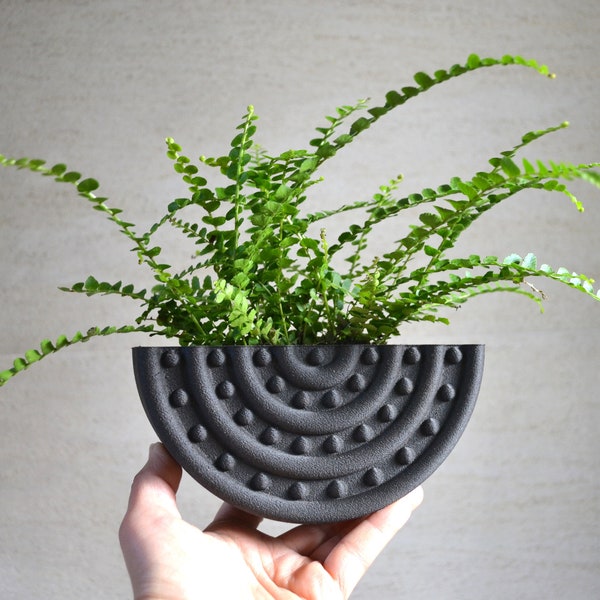 Mid Century Black Wood Finish Wall Planter: Rounded Stud Design