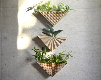 Modern Triangle Set of 3 Wall Planter Natural Wood Finish