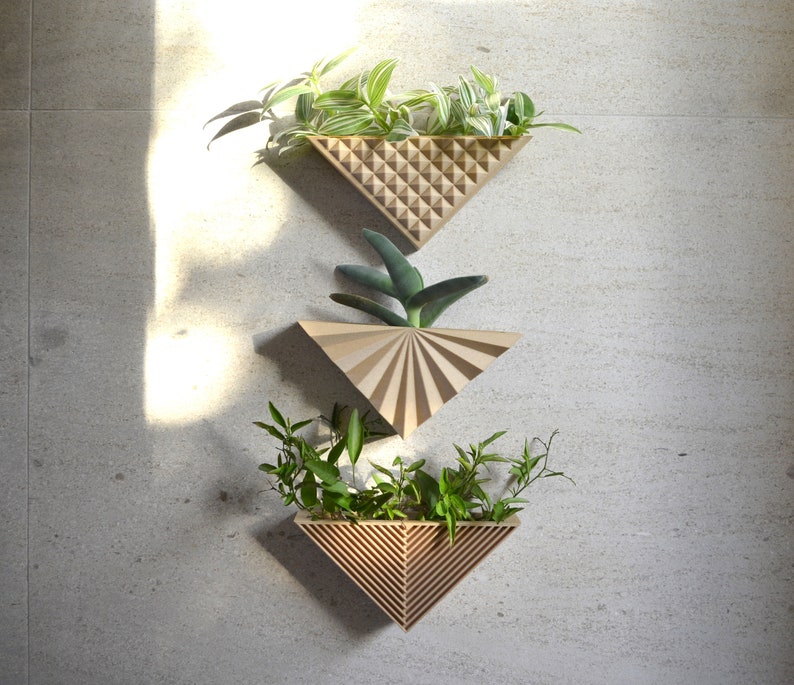 Triangular Planter Layout Modern Triangle Set of 3 Wall Planter Natural Wood Finish - Etsy