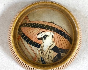 Vintage Japan Print Wall Resin Art "Woman with Orange Umbrella"