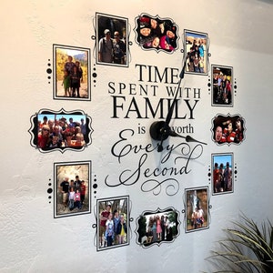 May include: A wall clock with a unique design featuring family photos arranged in a circle. The clock hands are black, and the text reads "TIME SPENT WITH FAMILY is worth Every Second". The photos are framed in black.