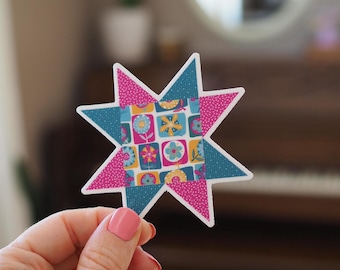 Quilter Sticker Funky Floral Patchwork Quilt Star