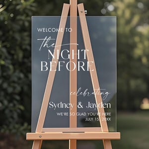 Placa de boas-vindas da noite anterior, placa de boas-vindas do jantar de ensaio, placa de boas-vindas da noite anterior, placa de ensaio de casamento, decoração de casamento em acrílico