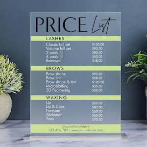 Price List Sign, Small Business Price List, Acrylic Price Sheet, Salon Price List, Beauty Salon, Nail Makeup Hair Stylist, Pricing Guide