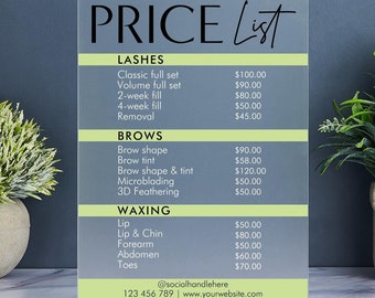 Price List Sign, Small Business Price List, Acrylic Price Sheet, Salon Price List, Beauty Salon, Nail Makeup Hair Stylist, Pricing Guide