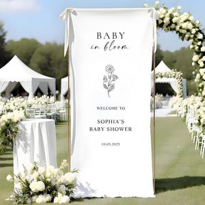 Baby-Dusche-Willkommensschild, benutzerdefinierte Stoff-Baby-Dusche-Zeichen, Leinen-Dusche-Schild, Baby in Bloom Stoff Banner, benutzerdefinierte Baby-Dusche-Dekor