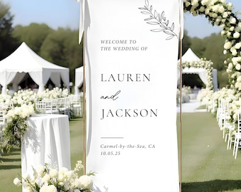 Benutzerdefinierte Hochzeit Stoffschild, Hochzeit Willkommensschild, Verlobungsfeier Zeichen, modernes Outdoor-Hochzeitsbanner, personalisierte Hochzeitsdekoration