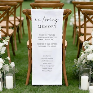 May include: A white fabric banner with black text, draped over a wooden chair. The banner reads "in loving memory" and includes a list of names. The scene is set outdoors with other chairs and floral arrangements.