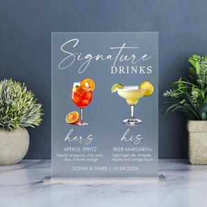 Enseigne pour boissons signature pour lui et pour elle, enseigne pour cocktail signature, enseigne de menu de bar de mariage, enseigne pour boissons de mariage en acrylique, enseigne pour boisson des mariés