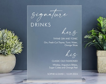 Acrylic Signature Drinks Sign, Signature Cocktail Sign, Minimalist Wedding Bar Menu Sign, His and Hers Bar Sign, Bride and Groom Drink