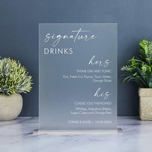 Acrylic Signature Drinks Sign, Signature Cocktail Sign, Minimalist Wedding Bar Menu Sign, His and Hers Bar Sign, Bride and Groom Drink