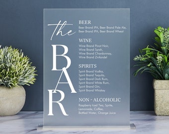 The Bar Sign, Modern Drink Menu Sign, Minimalist Wedding Bar Menu, Simple Wedding Drink Menu Sign, Wedding Drink Sign, Acrylic Wedding Sign