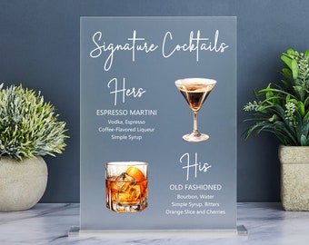 Signature Drinks Sign, Signature Cocktail Sign, Minimalist Wedding Bar Menu Sign, His and Hers Bar Sign, Frosted Acrylic Drinks Sign Wedding