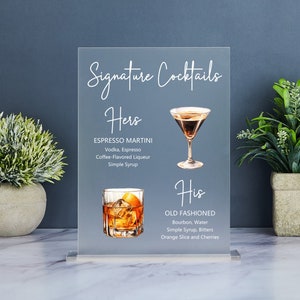 Signature Drinks Schild, Signature Cocktail Schild, Minimalistische Hochzeit Bar Menü Schild, His and Hers Bar Schild, mattierte Acryl Getränke Schild Hochzeit