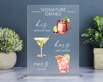 Signature Drinks Sign, Minimalist Wedding Bar Menu Sign, Signature Cocktails Sign, Custom Acrylic Wedding Bar Sign, His Hers Ours Bar Sign
