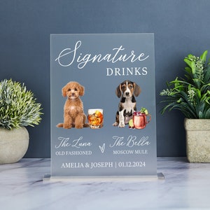Letrero de bebidas con firma de perro personalizado, menú de bebidas con firma de mascota, letrero de bar de boda para perro, letrero de menú de bar de acrílico para mascota, letrero de cóctel con firma de perro