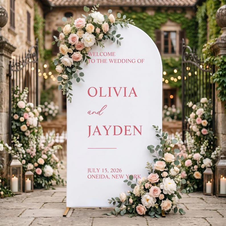 Cubierta arqueada para letrero de bienvenida, fondo para la entrada de la boda, letrero de boda personalizado, fondo para despedida de soltera, decoración para fiesta de compromiso, letrero para recepción imagen 5