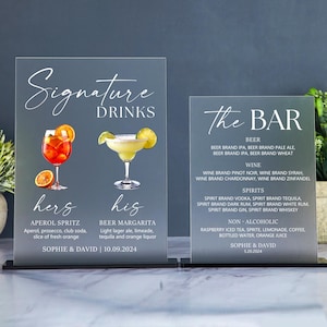 Cartello per bevande speciali, cartello per menu del bar per matrimoni, cartello per cocktail speciali, drink per lui e per lei, menu del bar per matrimoni, menu dei cocktail per matrimoni