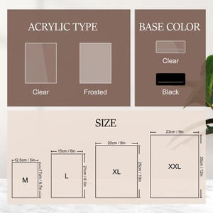 May include: Diagram showing different sizes and colors of acrylic display stands. The sizes are labeled M, L, XL, and XXL with measurements in inches and centimeters. The acrylic types are clear and frosted. The base colors are clear and black.