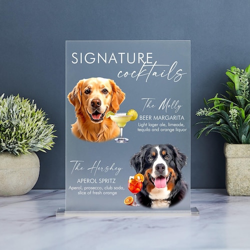 Enseigne pour cocktails signature chien, menu de bar pour boissons signature animal de compagnie, menu bar pour mariage en acrylique, enseigne pour bar pour mariage d'animal de compagnie, enseigne boissons signature chien