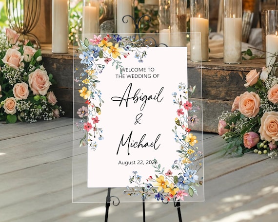 Wildflowers Wedding Welcome Sign, Floral Welcome Wedding Sign, Wedding Decorations, Welcome to Wedding Sign, Acrylic Wedding Signature