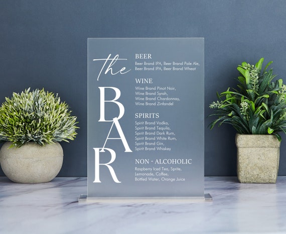 The Bar Sign, Modern Drink Menu Sign, Minimalist Wedding Bar Menu, Simple Wedding Drink Menu Sign, Wedding Drink Sign, Acrylic Wedding Sign