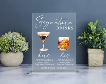 May include: A rectangular frosted acrylic sign featuring the text Signature Drinks, hers with an espresso martini illustration, and his with an old fashioned illustration. The sign includes the names Sophie & David and the date 10.09.2024.