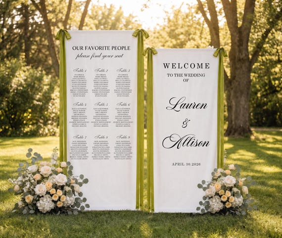 Custom Wedding Welcome Sign & Seating Chart Set, Personalized Wedding Banner, Fabric Ceremony Entrance Sign, Wedding Table Assignment Chart