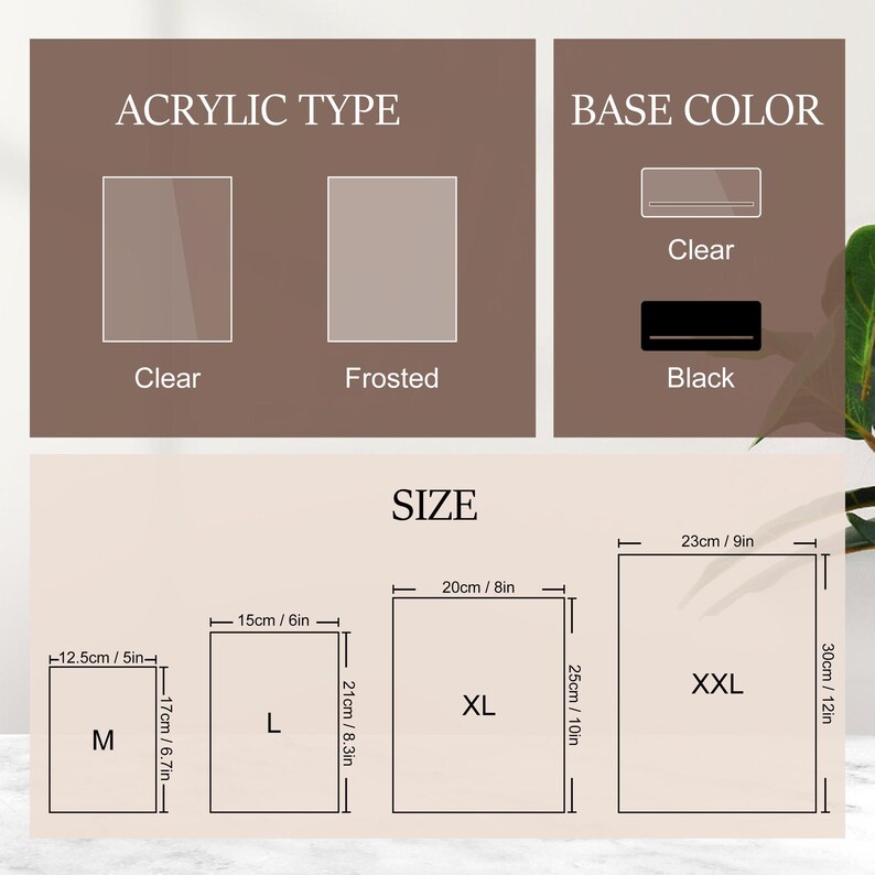 May include: Diagram showing different sizes and acrylic types for a custom acrylic display stand. The sizes are M, L, XL, and XXL. The acrylic types are clear and frosted. The base color options are clear and black.