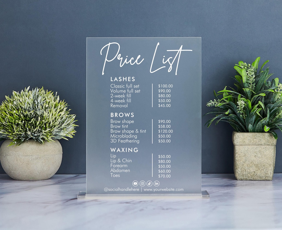 Small Business Price List Sign, Acrylic Price Sheet, Pricing List