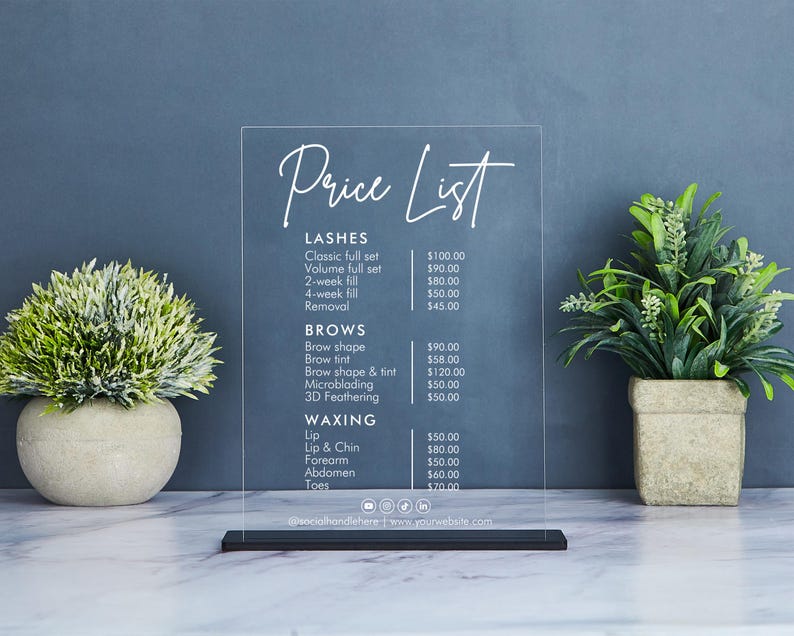 Small Business Price List Sign, Acrylic Price Sheet, Pricing List