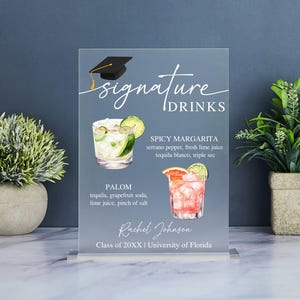 Enseigne de remise des diplômes, cocktail signature des diplômés, carte du bar, carte des cocktails, décoration de fête des diplômés, promotion 2025, enseigne acrylique personnalisée