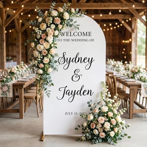 Cubierta arqueada para letrero de bienvenida, fondo para la entrada de la boda, letrero de boda personalizado, fondo para despedida de soltera, decoración para fiesta de compromiso, letrero para recepción imagen 11