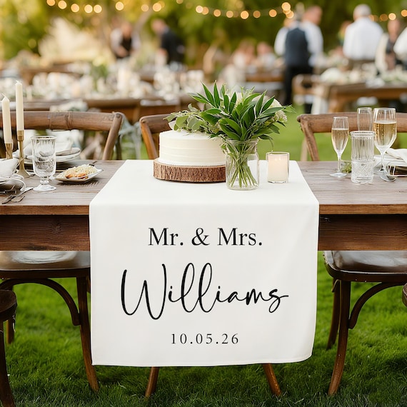 Custom Wedding Table Runner, Fabric Welcome Banner, Modern Outdoor Wedding Table, Personalized Ceremony Sign, Sweetheart Table Decor