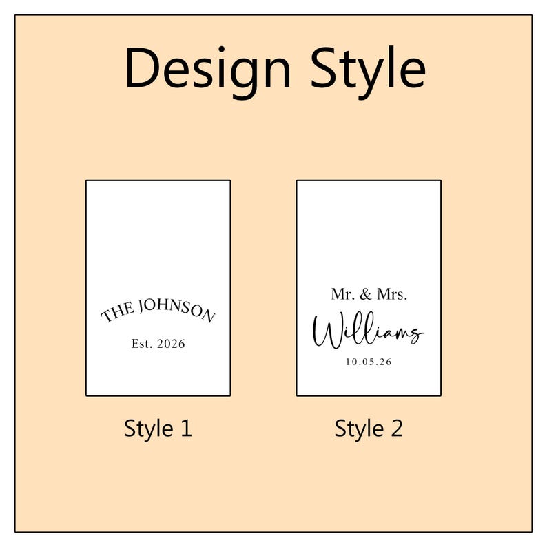 Op de afbeelding: Afbeelding met twee ontwerpstijlen voor een product. Stijl 1 toont "The Johnson" en "Est. 2026". Stijl 2 toont "Mr. & Mrs. Williams" en "10.05.26". De tekst "Design Style", "Style 1" en "Style 2" is ook aanwezig.