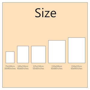 Op de afbeelding: Afbeelding met maatopties, met het woord "Size" bovenaan. Rechthoekige vormen zijn gelabeld met afmetingen in centimeters en inches, waaronder 75x100cm, 100x150cm, 125x150cm, 150x200cm en 150x225cm.