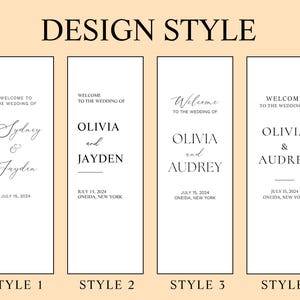 May include: Four wedding welcome sign design styles are shown. Each sign is white with black text. The signs include names, dates, and locations. The top of the image reads "DESIGN STYLE".