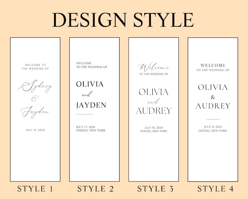 May include: Four wedding welcome sign design styles are shown. Each sign is white with black text. The signs include names, dates, and locations. The top of the image reads "DESIGN STYLE".