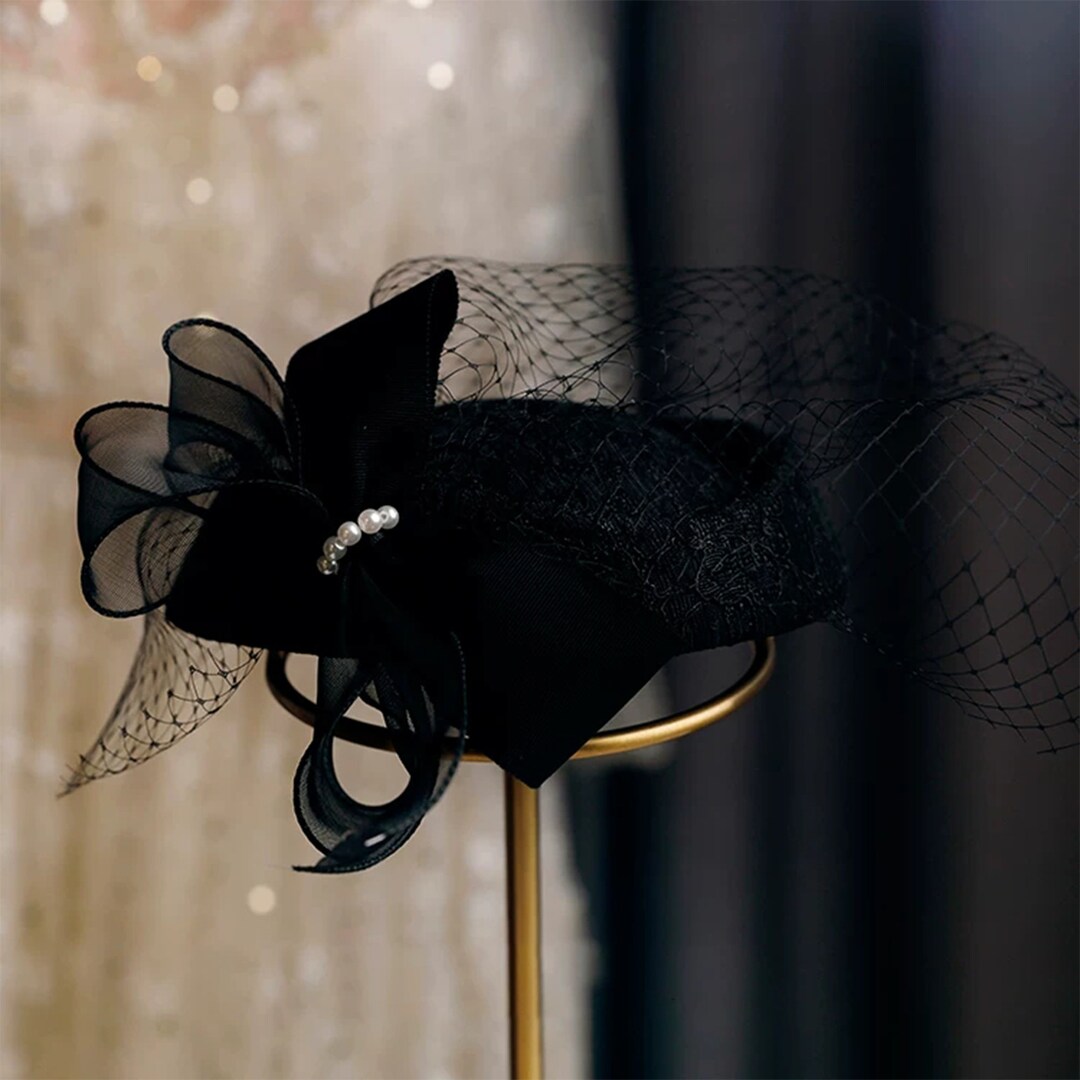 Black Handmade Pill Box Bridal Fascinator, Wedding Hat Face Veil