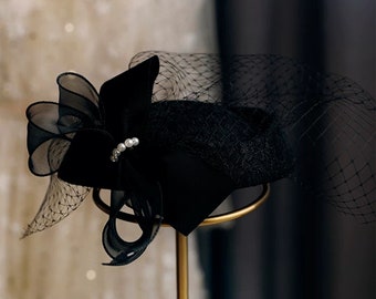 Black Handmade Pill Box Bridal Fascinator, Wedding Hat Face Veil, Elegant Wedding Headpiece， Style Wedding Hat Tea party