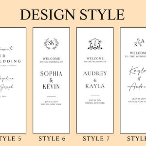May include: A graphic showing four wedding welcome sign designs. Each sign is white with black text, displaying names, dates, and locations. The signs are labelled Style 5, 6, 7, and 8, with the words "DESIGN STYLE" at the top.